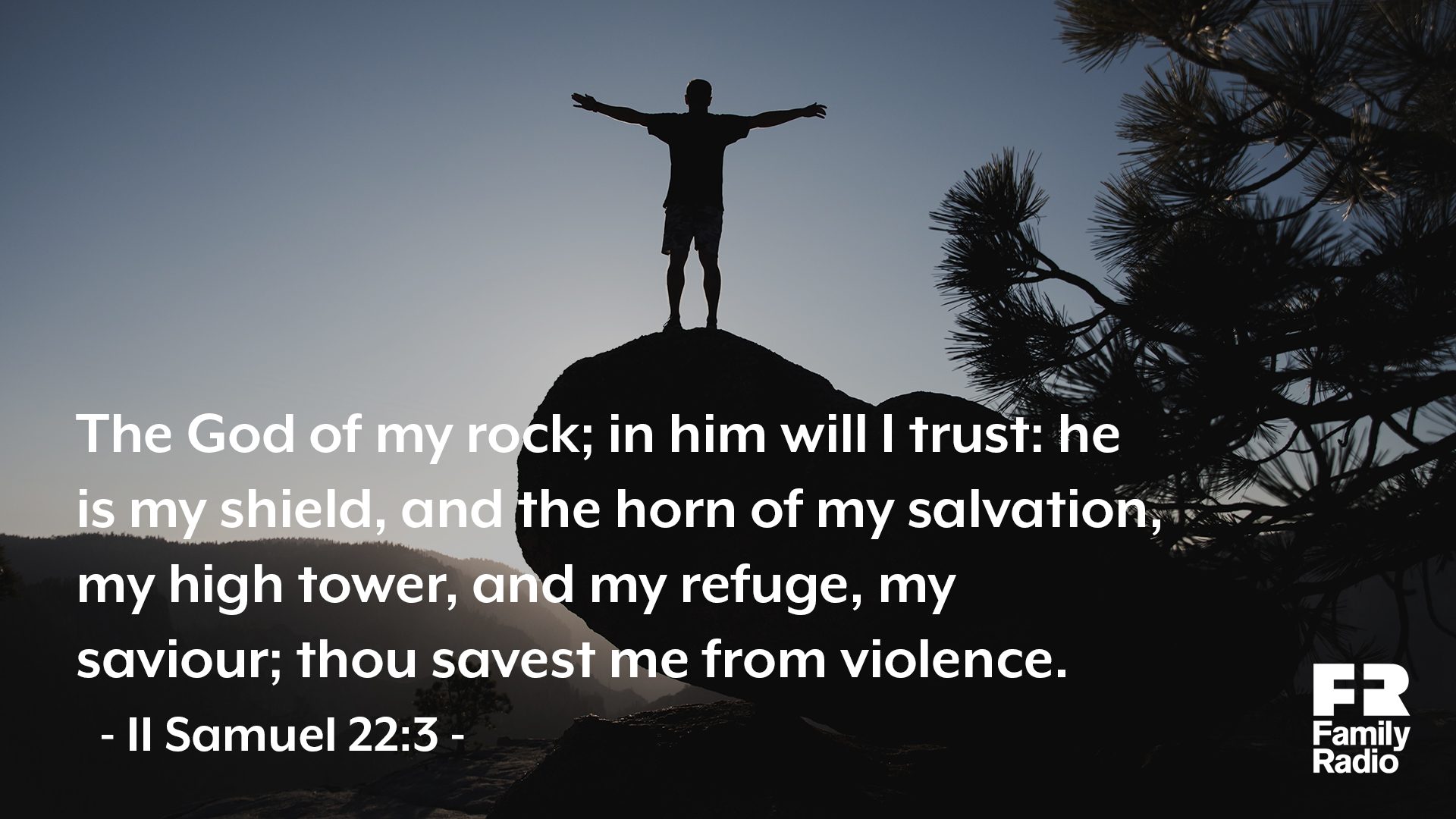 "The God of my rock; in him will I trust: he is my shield, and the horn of my salvation, my high tower, and my refuge, my savior; thou savest me from violence."